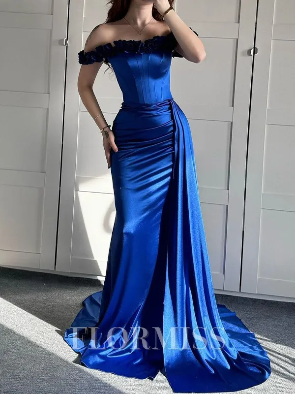 Sheath/Column Silk Like Satin Off-the-Shoulder Sleeveless Court Train Porm Dress