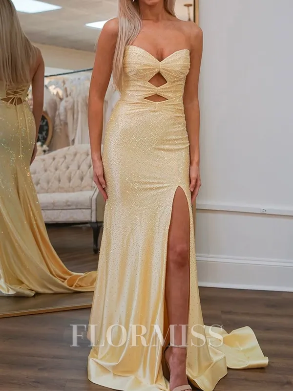 Sheath/Column Stretch Crepe Sweetheart Sleeveless Court Train Leg Slit Porm Dress