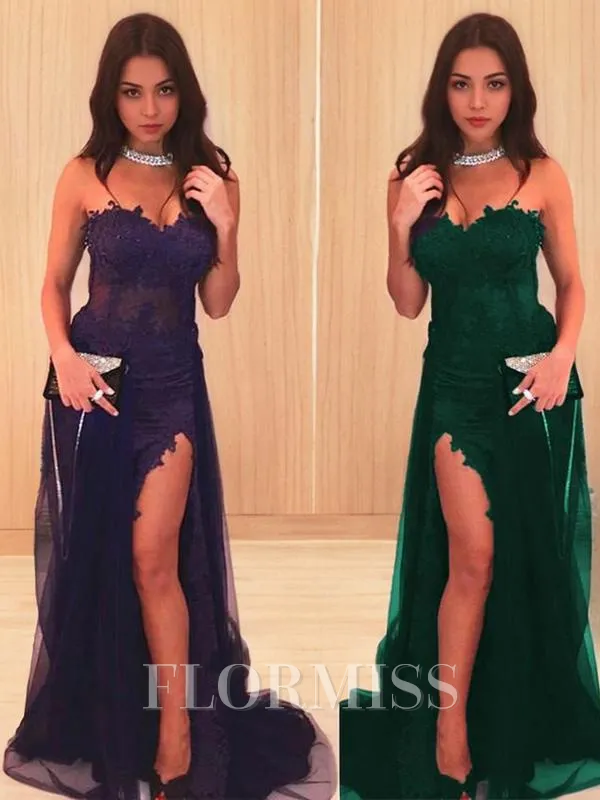 Trumpet/Mermaid Strapless Sweep Train Tulle Prom Dress With Leg Slit