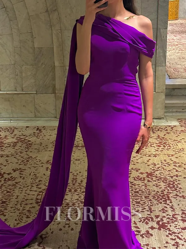 Sheath/Column Satin Chiffon One-Shoulder Sleeveless Sweep Train Leg Slit Porm Dress