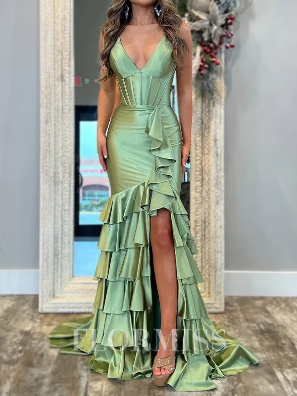A-line/Princess Silk Like Satin V-neck Sleeveless Asymmetrical Leg Slit Porm Dress
