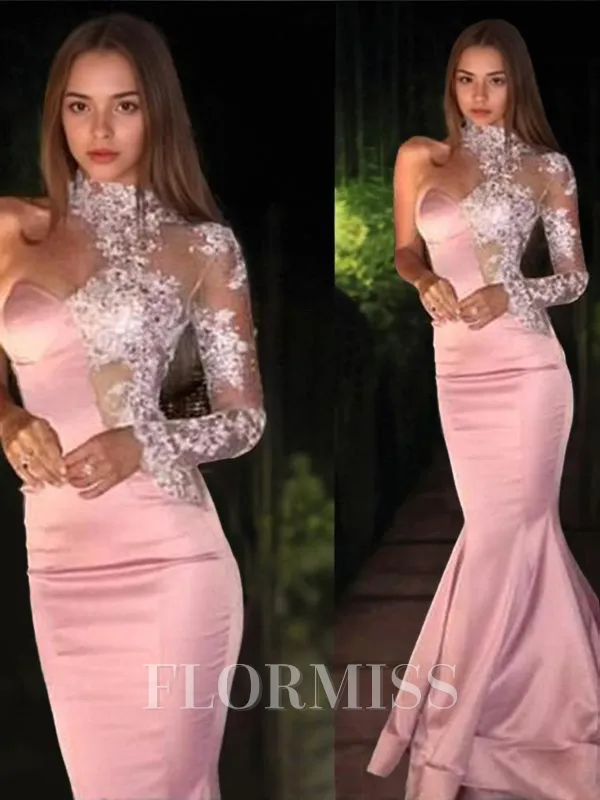 Trumpet/Mermaid One-Shoulder Sweep Train Silk Like Satin Prom Dress With Appliques Lace