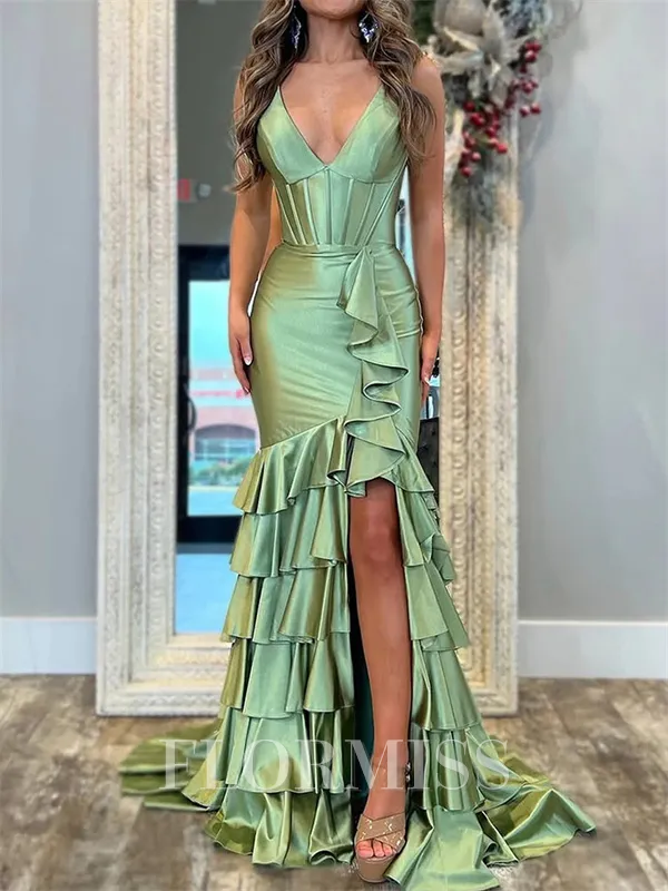 Sheath V-neck Cascading Ruffles Sweep Train Silk Like Satin Corset Porm Dress