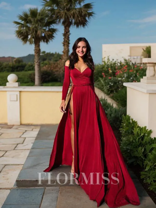 A-Line/Princess Off-the-Shoulder Sweep Train Jersey Prom Dress With Leg Slit