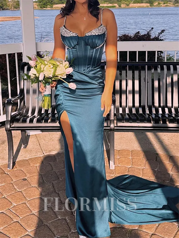 Sheath Spaghetti Straps Rhinestone Court Train Silk Like Satin Corset Porm Dress