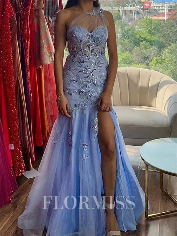 Sheath One-Shoulder Appliques Lace Sweep Train Tulle Corset Porm Dress