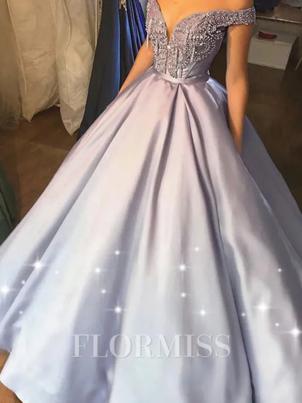 Ball Gown Off-the-Shoulder Floor-Length Satin Prom Dress With Beading