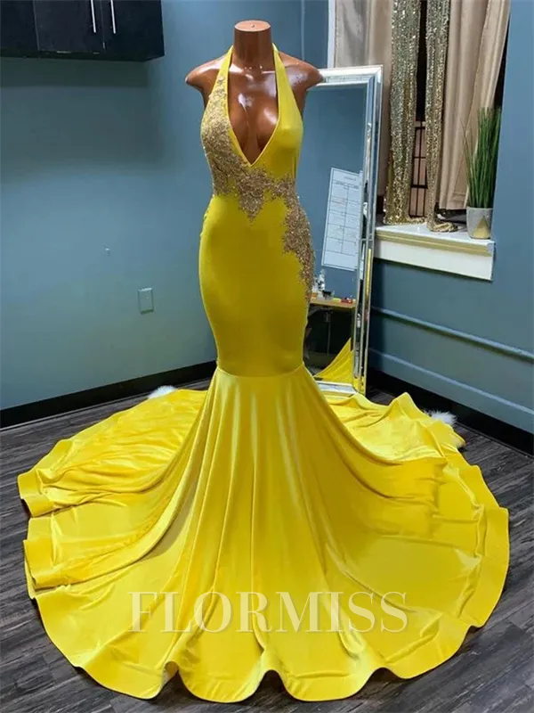 Mermaid Halter Appliques Lace Sweep Train Velvet Porm Dress