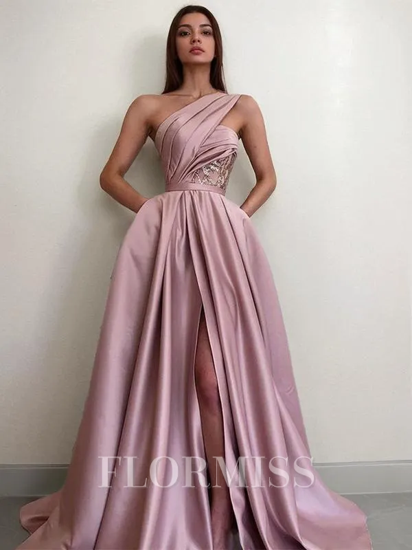 A-Line/Princess One-Shoulder Sweep Train Satin Prom Dress With Pockets