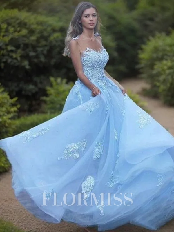 A-Line/Princess Bateau Sweep Train Tulle Prom Dress With Appliques Lace