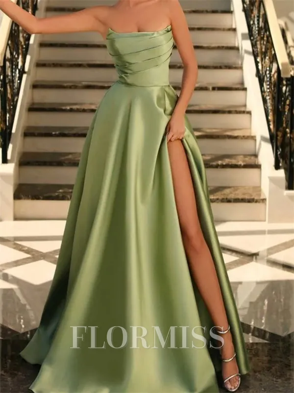A-line Straight Pleated Floor-Length Satin Porm Dress