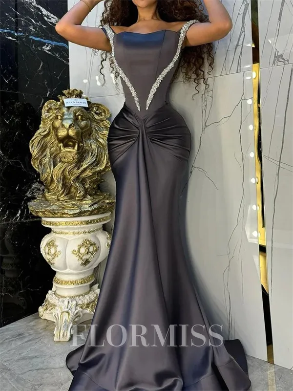 Sheath Off-the-Shoulder Pleated Sweep Train Silk Like Satin Porm Dress