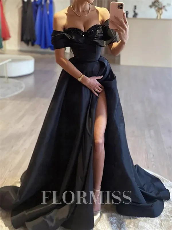 A-line Off-the-Shoulder Ruffles Sweep Train Satin Porm Dress