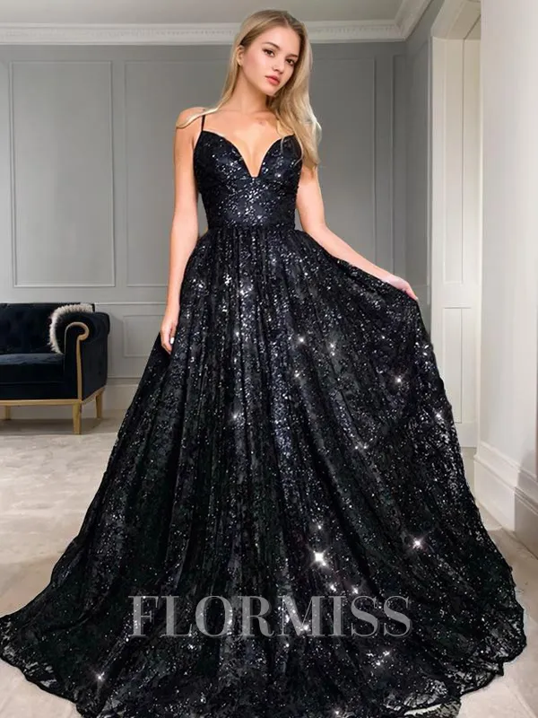 A-Line/Princess V-neck Floor-Length Sequins Prom Dress