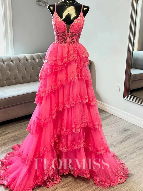 A-line V-neck Appliques Lace Sweep Train Tulle Corset Porm Dress