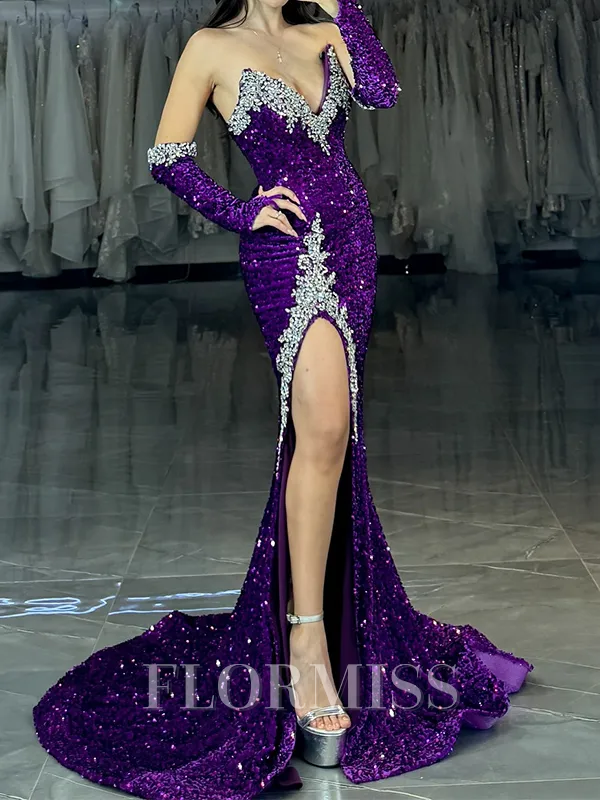 Sheath V-neck Long Sleeves Rhinestone Court Train Velvet Sequins Porm Dress