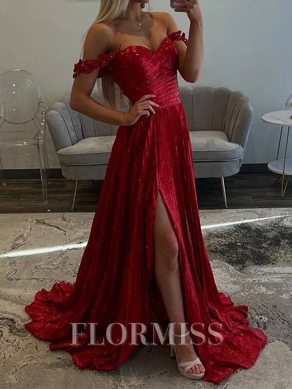 A-line Off-the-Shoulder Pleated Sweep Train Porm Dress