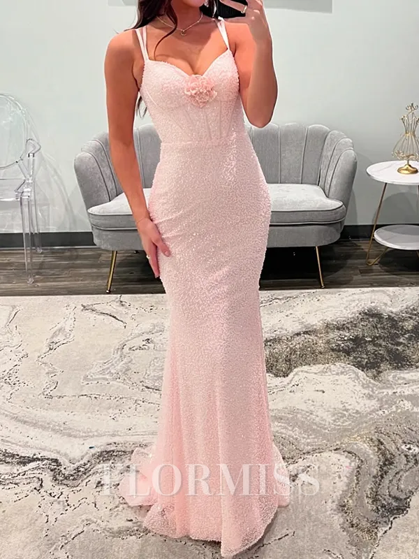 Sheath Straps Flower Sweep Train Corset Porm Dress