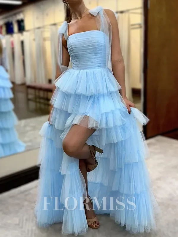 A-line Straight Cascading Ruffles Sweep Train Tulle Porm Dress