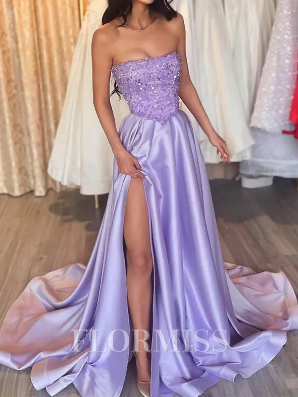 A-line Straight Sequin Court Train Satin Porm Dress