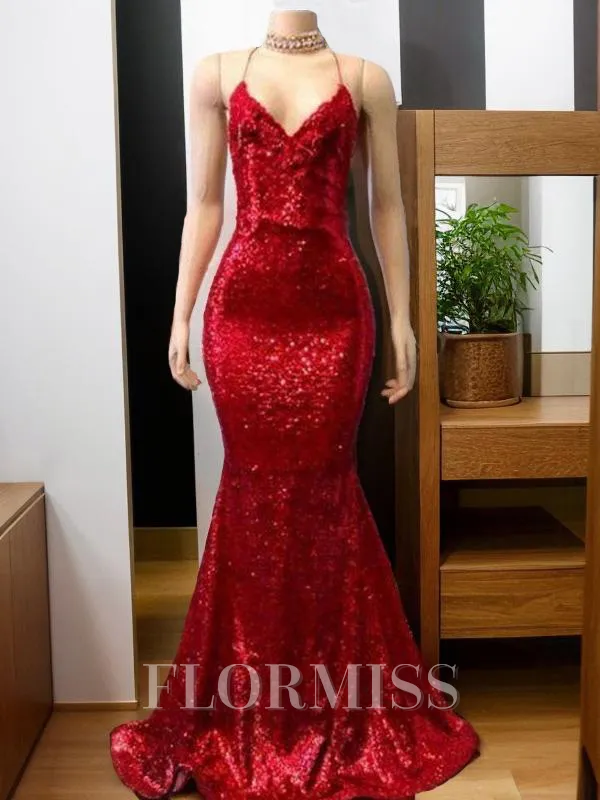 Trumpet/Mermaid Spaghetti Straps Sweep Train Sequins Prom Dress
