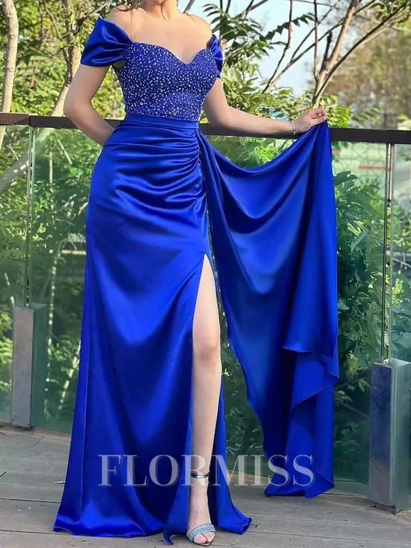 Sheath Off-the-Shoulder Beading Floor-Length Silk Like Satin Porm Dress