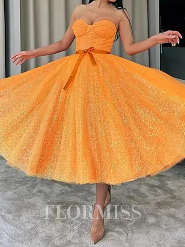 A-line Sweetheart Sequin Tea-Length Corset Porm Dress