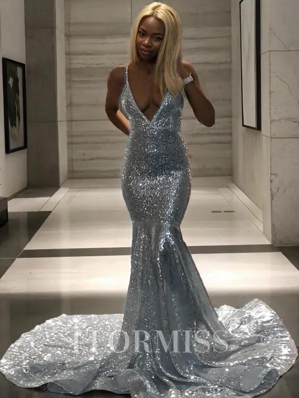 Trumpet/Mermaid V-neck Court Train Sequins Prom Dress