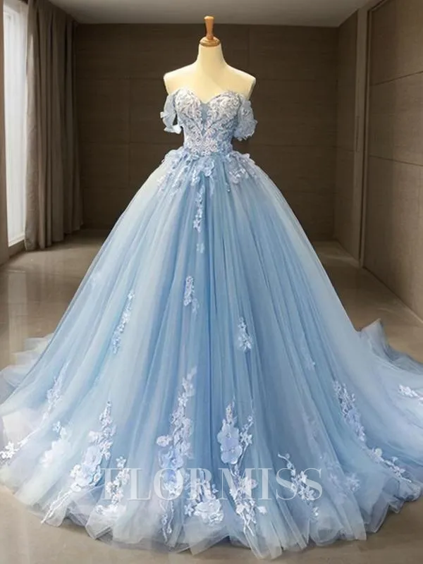 Ball Gown Off-the-Shoulder Chapel Train Tulle Prom Dress With Appliques Lace