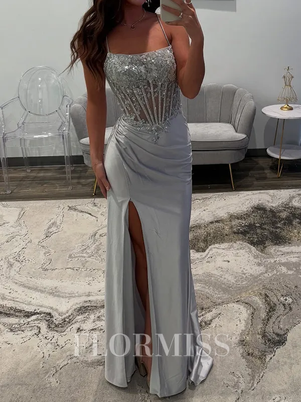 Sheath Spaghetti Straps Pleated Sweep Train Silk Like Satin Corset Porm Dress