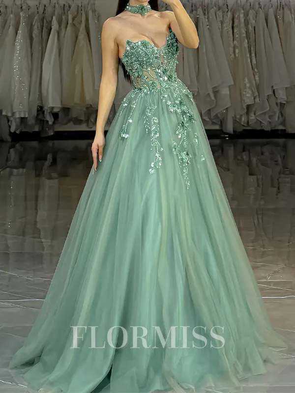 A-line Sweetheart Appliques Lace Floor-Length Tulle Corset Porm Dress