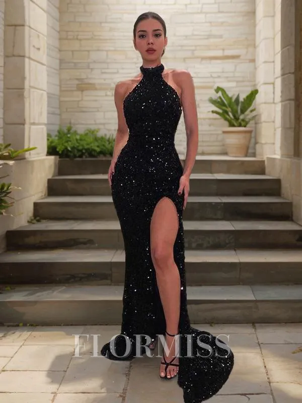 Sheath/Column Halter Sweep Train Velvet Sequins Prom Dress With Leg Slit
