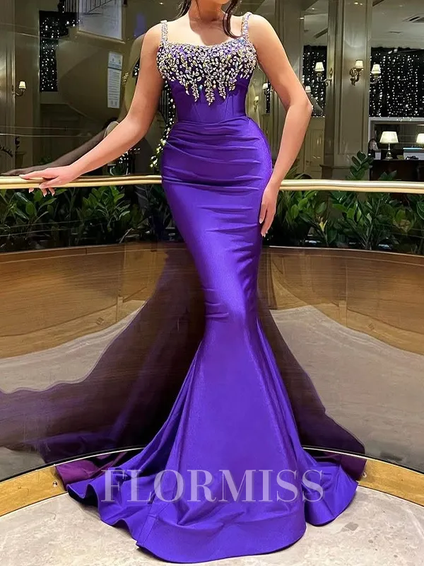 Mermaid Square Rhinestone Sweep Train Silk Like Satin Porm Dress