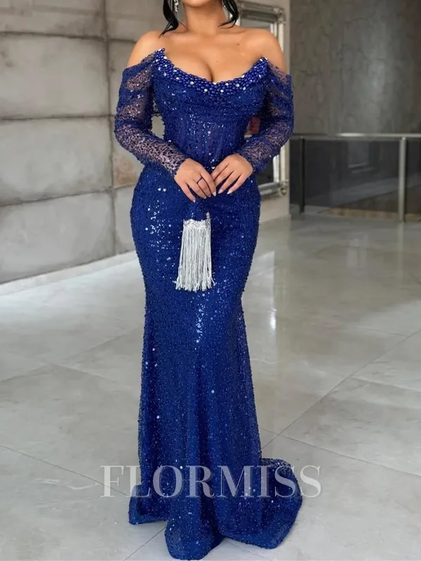 Sheath Off-the-Shoulder Long Sleeves Sequin Sweep Train Corset Porm Dress