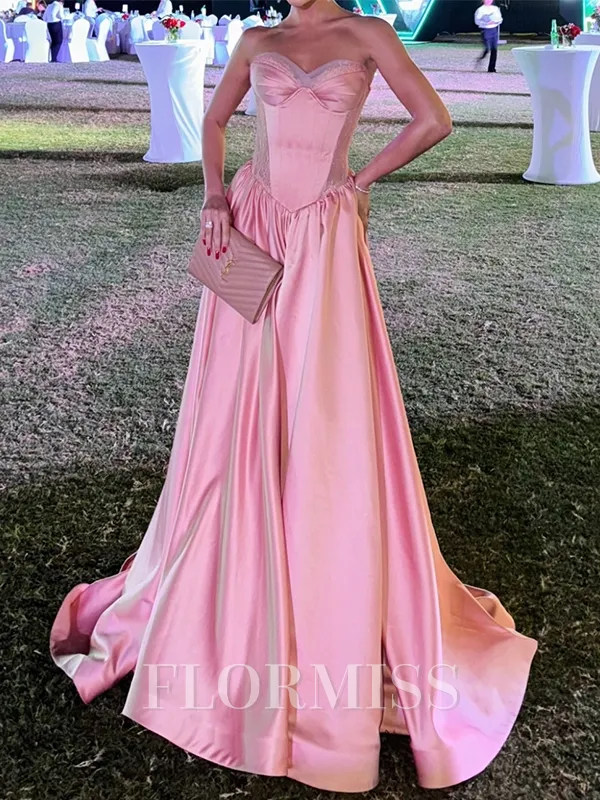 A-line Sweetheart Pleated Sweep Train Satin Corset Porm Dress