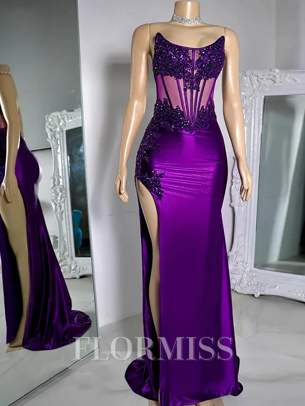 Sheath Straight Appliques Lace Sweep Train Silk Like Satin Corset Porm Dress