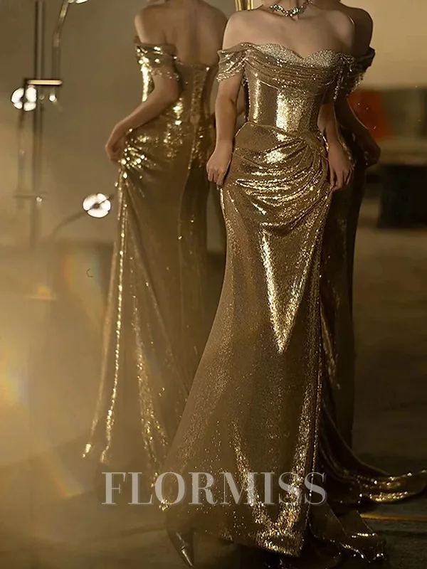 Sheath Off-the-Shoulder Pleated Court Train Sequins Porm Dress