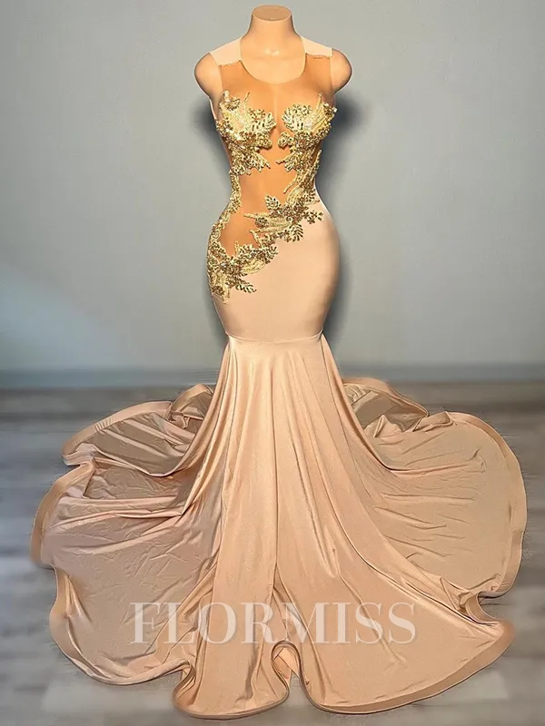 Mermaid Scoop Appliques Lace Sweep Train Jersey Porm Dress