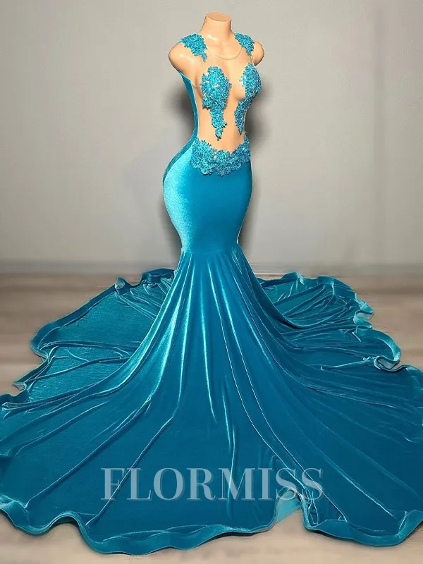 Mermaid Scoop Appliques Lace Sweep Train Velvet Porm Dress