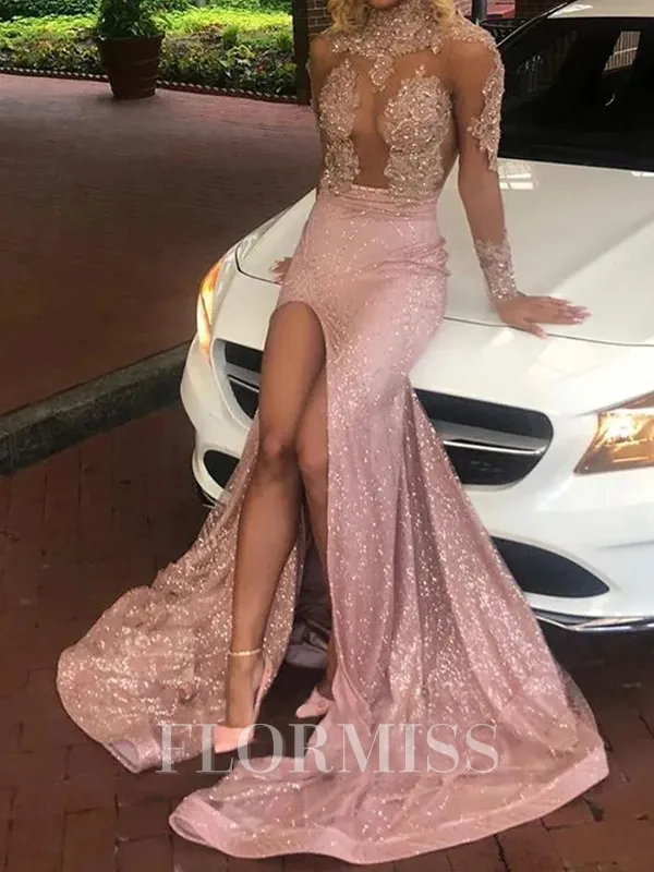 Sheath High Neck Long Sleeves Appliques Lace Sweep Train Porm Dress