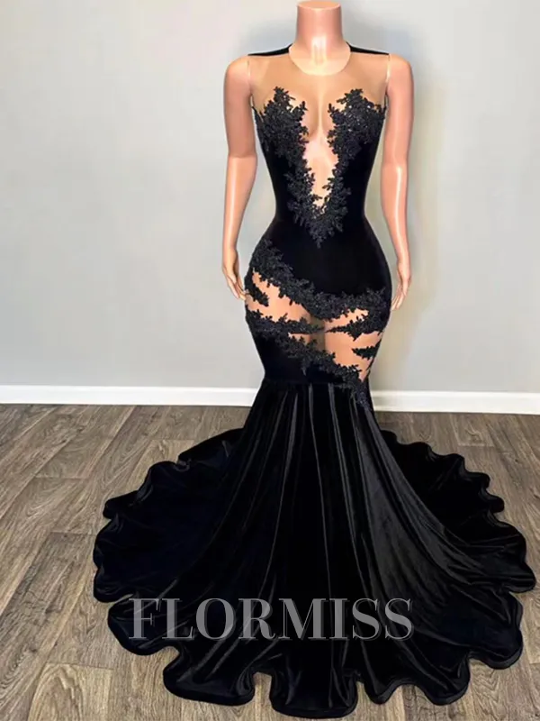 Mermaid Scoop Appliques Lace Sweep Train Velvet Porm Dress