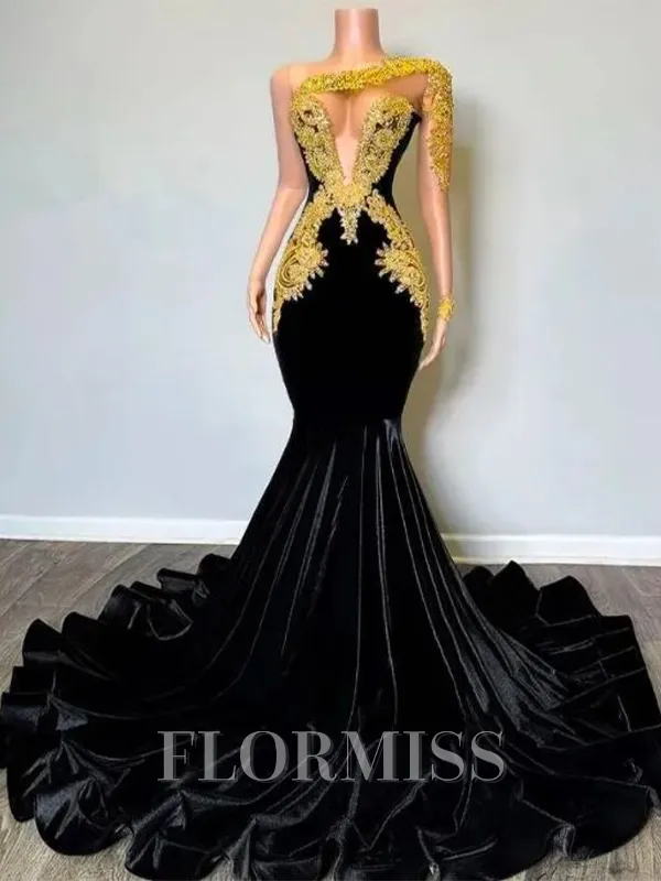Mermaid One-Shoulder Appliques Lace Floor-Length Velvet Porm Dress