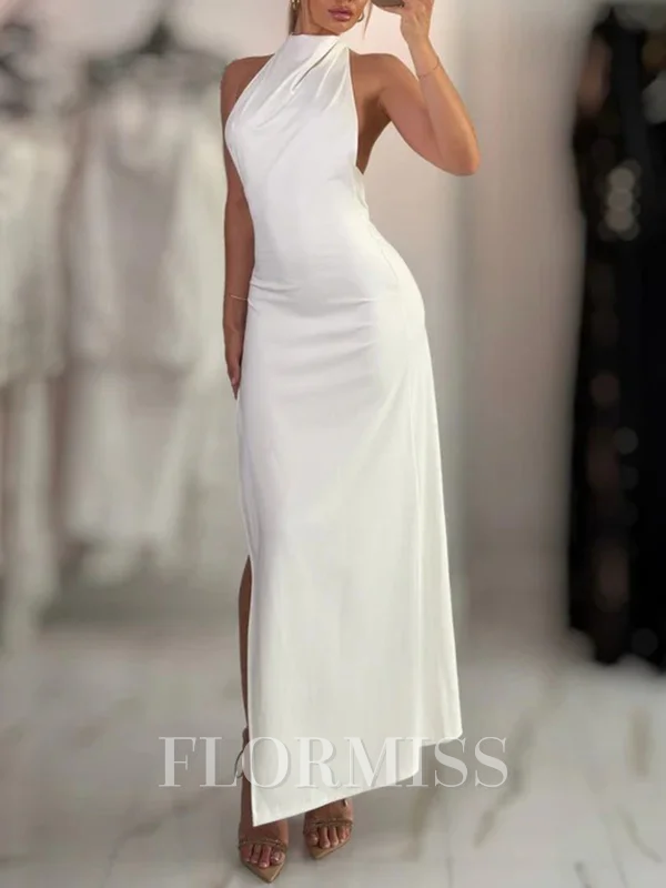 Sheath Stretch Crepe High Neck Sleeveless Ankle-Length Prom Dresses