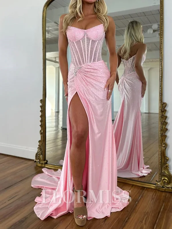 Sheath Silk Like Satin Sweetheart Sleeveless Court Train Prom Dresses