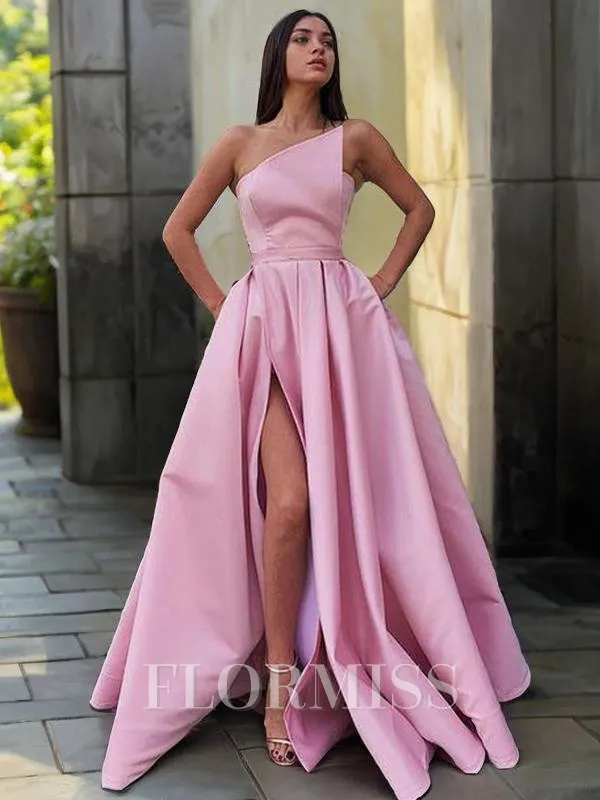 A-Line/Princess Strapless Floor-Length Satin Prom Dress With Leg Slit