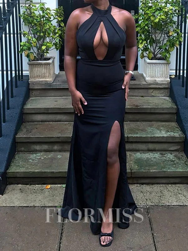 Sheath Stretch Crepe Halter Sleeveless Sweep Train Prom Dresses