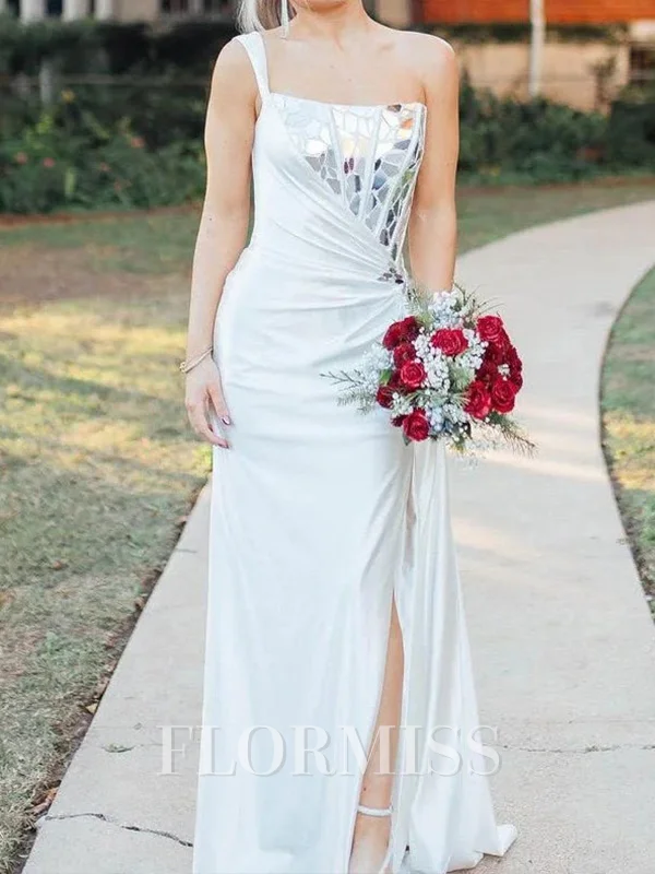 Sheath Silk Like Satin One Shoulder Sleeveless Sweep Train Prom Dresses