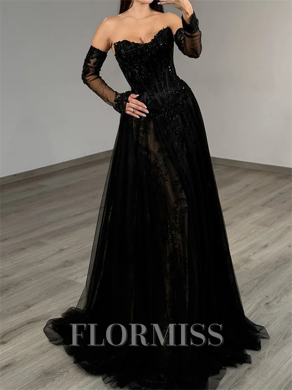 A-line Straight Long Sleeves Appliques Lace Sweep Train Tulle Corset Prom Dress