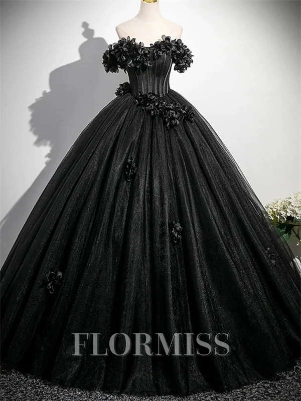 Ball-Gown Off-the-Shoulder Flower Floor-Length Tulle Corset Prom Dress