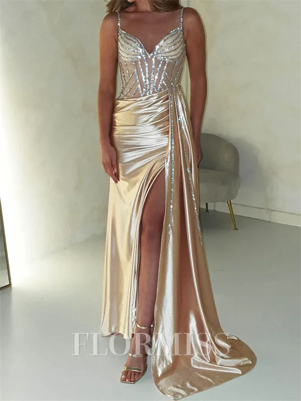 Sheath Straps Sequin Sweep Train Silk Like Satin Corset Prom Dress